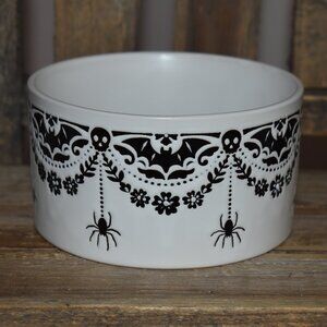 Black White Gothic Halloween Skull Bat Spider Stoneware Ramekin Bowl Baking Dish